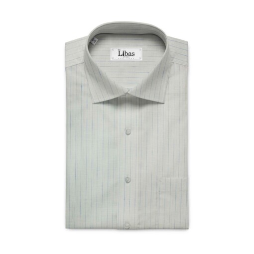 Cadini by Siyaram's White 60 LEA 100% Pure Linen Blue Striped Shirt Fabric