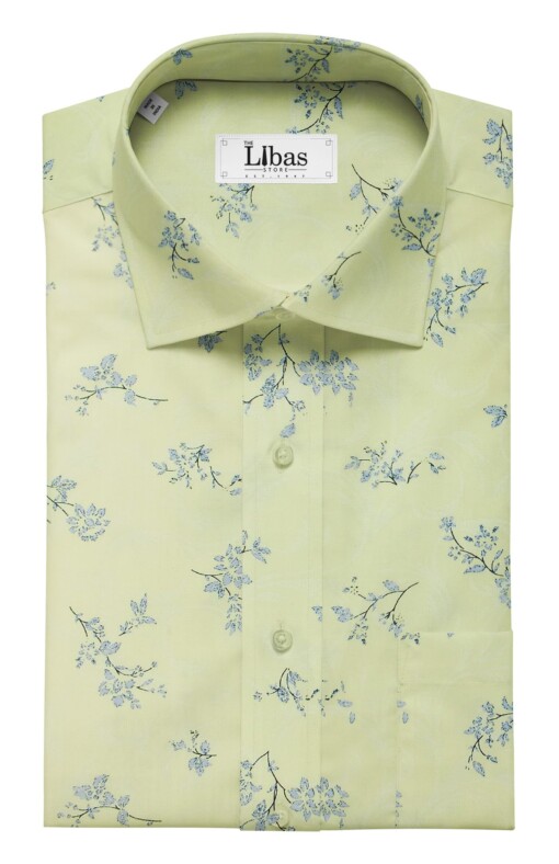 Monza Men's Light Lemon Yellow 100% Cotton Blue Floral Printed Shirt Fabric (1.60 M)
