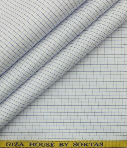 Soktas Men's White 100% Giza Cotton Blue Checks Shirt Fabric (1.60 M)