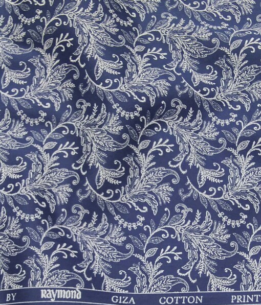 Raymond Dark Royal Blue 100% Giza Cotton White Floral Print Shirt Fabric (1.60 M)