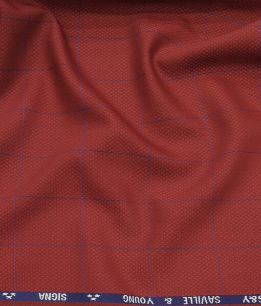 Saville & Young Ruby Red & Blue Structured Cum Broad Checks Super 110's 20% Merino Wool Suiting Fabric
