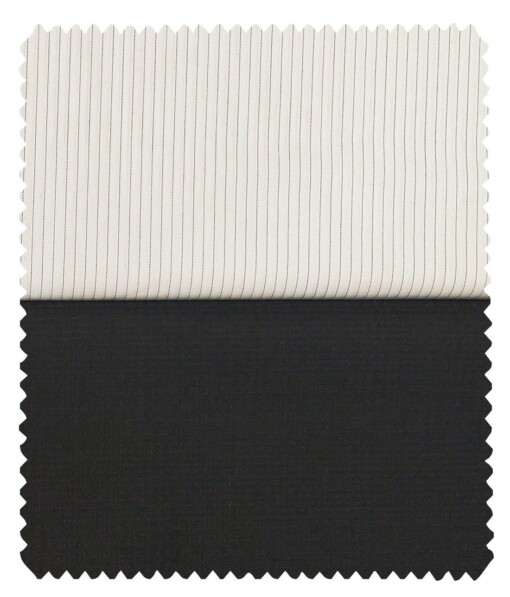 Combo of Raymond Black Self Checks Trouser Fabric With Soktas White 100% Cotton Black Striped Shirt Fabric (Unstitched)