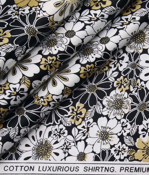Solino Black 100% Premium Cotton Floral Printed Shirt Fabric (1.60 M)