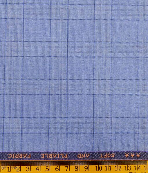 Raymond Sky Blue Polyester Viscose Self Broad Checks Unstitched Suiting Fabric - 3.75 Meter
