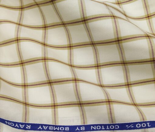 Bombay Rayon Men's Cotton Brown Checks 1.60 Meter Unstitched Shirt Fabric (Cream)