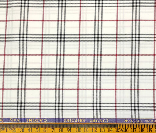 Cadini Men's Giza Cotton Checks 2 Meter Unstitched Shirting Fabric (White & Red)