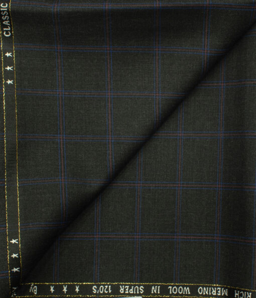 J.Hampstead Men's Wool Checks Super 120's 1.30 Meter Unstitched Trouser Fabric (Dark Grey)