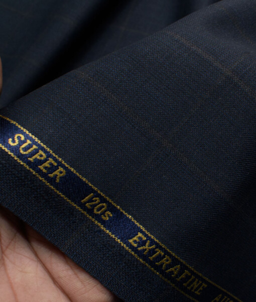 Cavalero Men's 52% Wool  Super 120's Checks  Unstitched Suiting Fabric (Dark Blue)