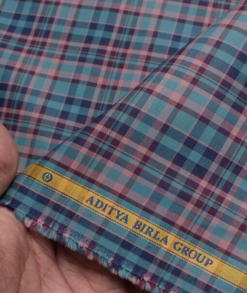 Soktas Men's Giza Cotton Checks  Unstitched Shirting Fabric (Teal Green)