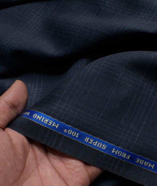 Raymond Men's 100% Wool Super 100's Checks  Unstitched Suiting Fabric (Dark Blue)
